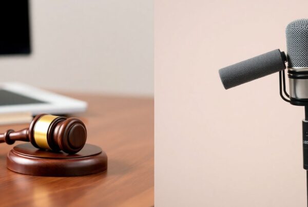 Gavel y micrófono, símbolos de política y podcast.