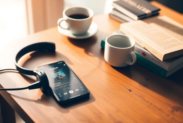Mesa con libros, auriculares y café para audiolibros