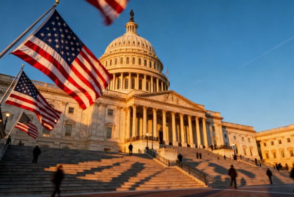 Capitolio de Estados Unidos con banderas americanas ondeando.