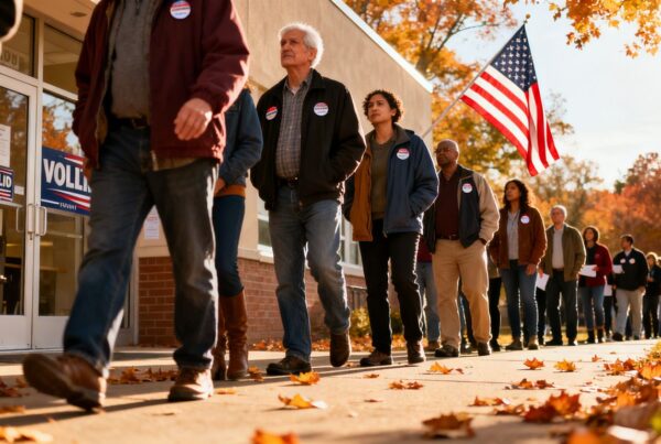 Votantes estadounidenses en fila en una estación electoral.